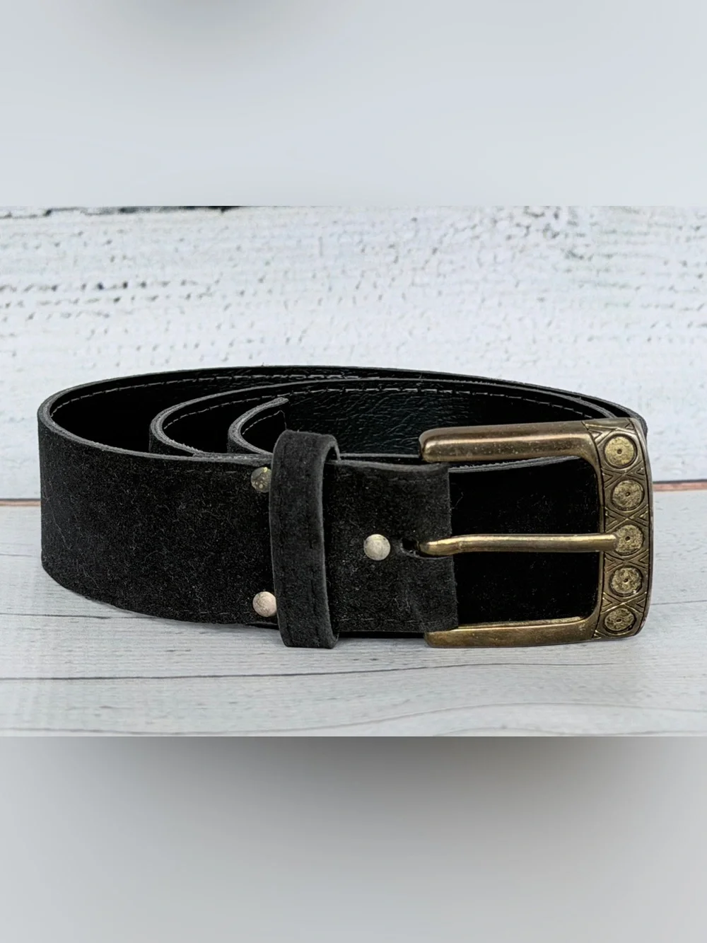 Black Suede Leather Belt | Antique Brass Etched Buckle